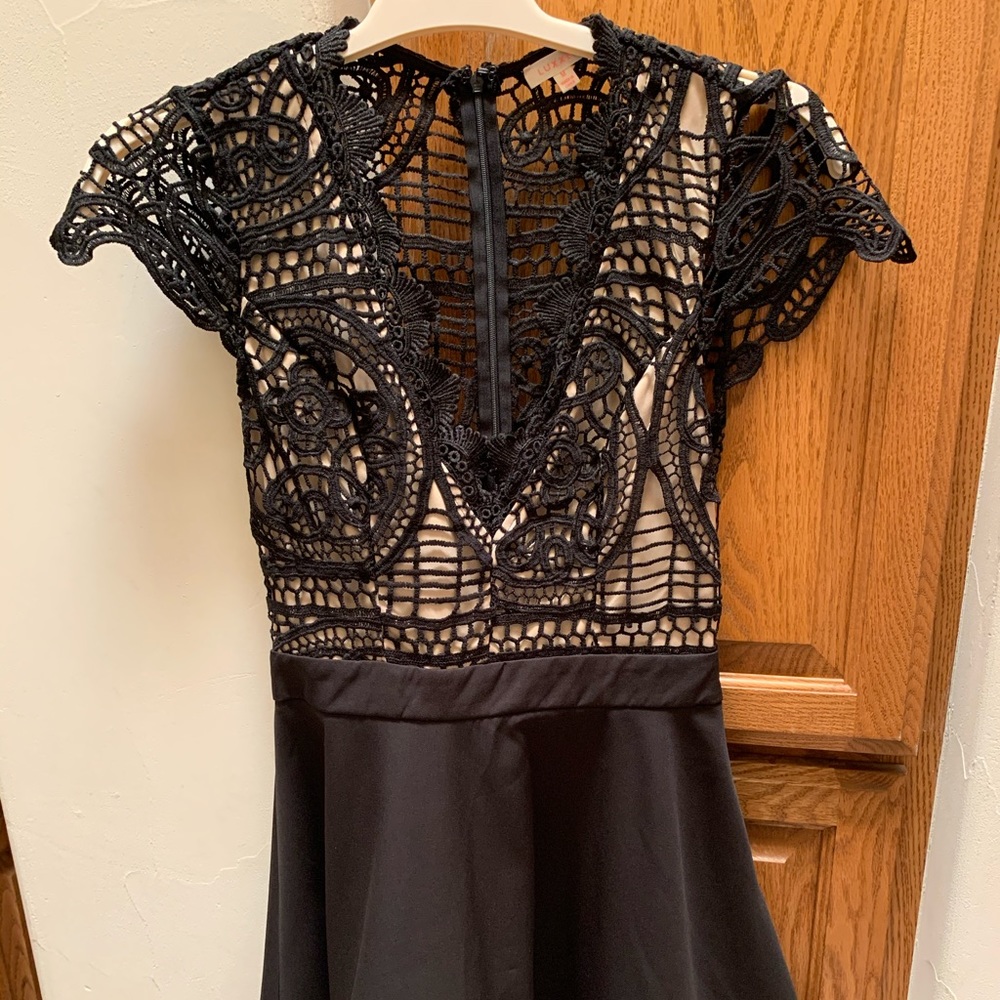Black crochet lace flair dress